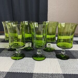 Vtg MCM 6.25" Green Glass Wine Water Goblets with Round Clear Stem Portugal
